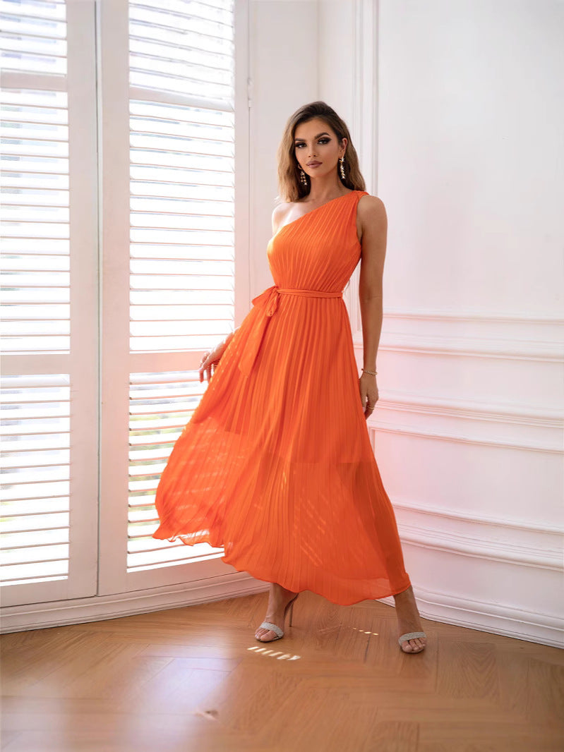 Women Collarless One-Shoulder Chiffon Pleated Dress 5