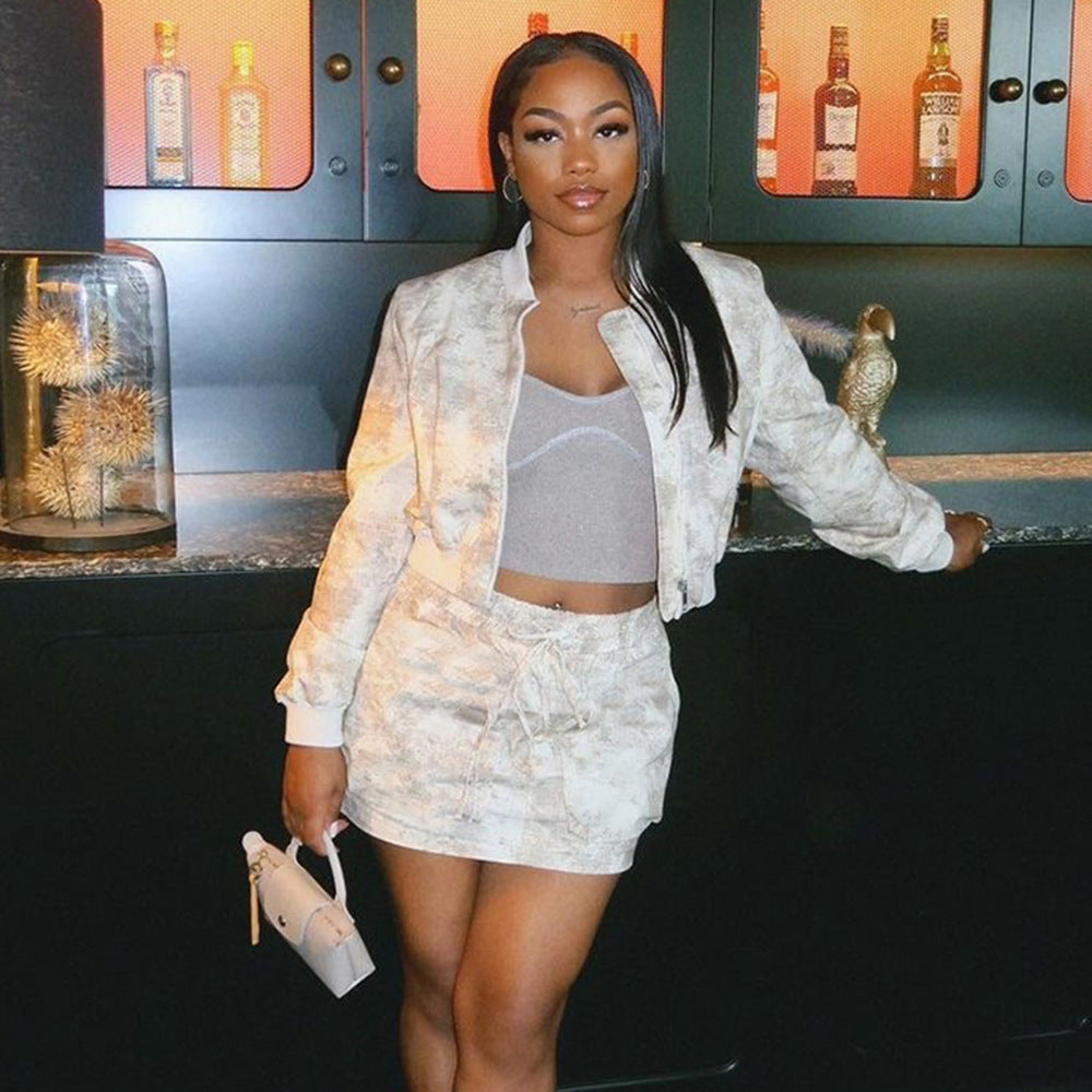 Women Tie Dye Long Sleeve Zip Top and Mini Skirt Two-Piece Set 8