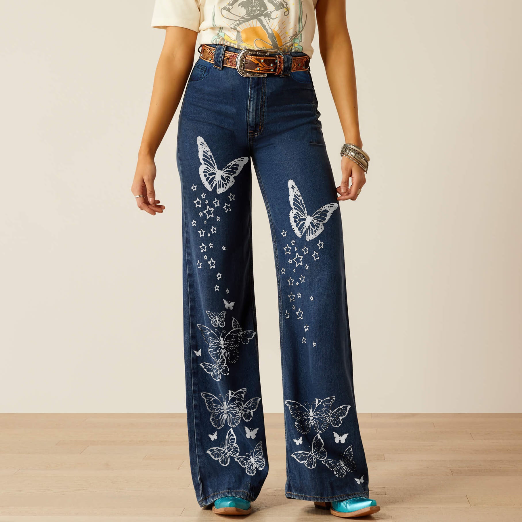 Women retro no stretchy print Denim Pant