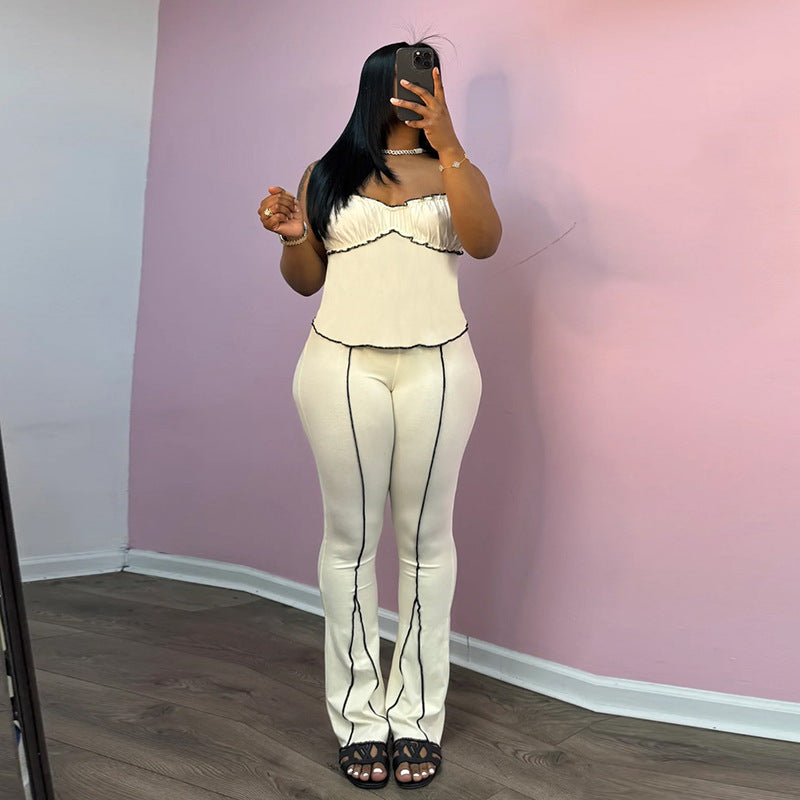 Summer women's fashion sweet sexy Strap pleated vest high waist trousers set