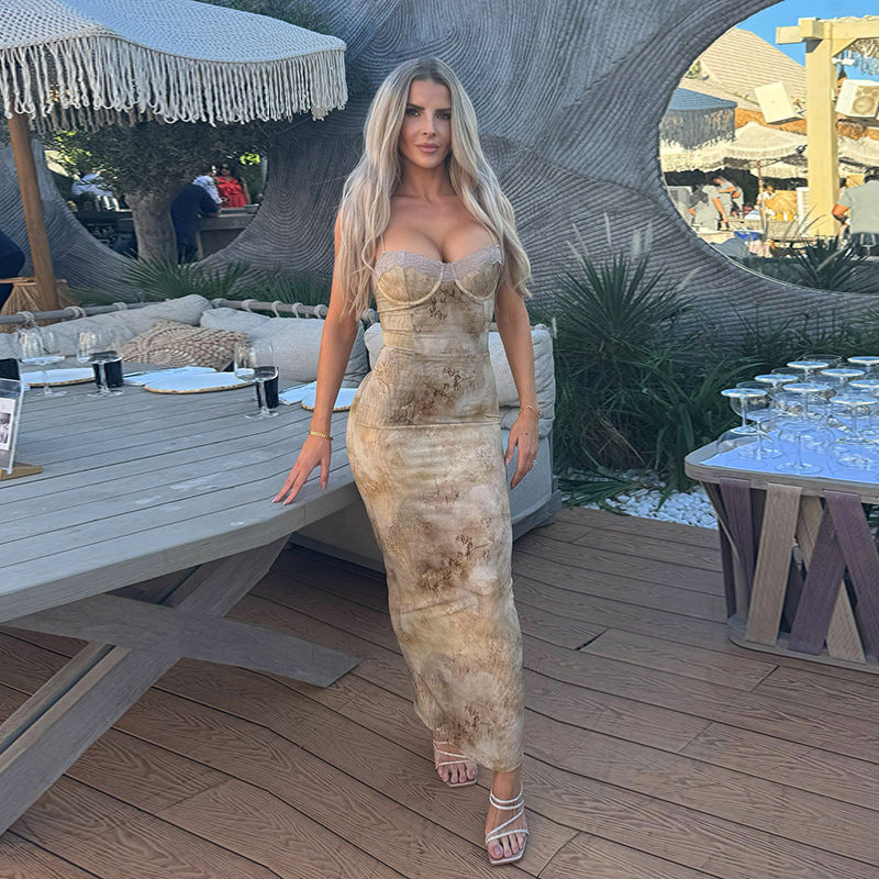 Women Spring Sexy Print Lace Strap Dress