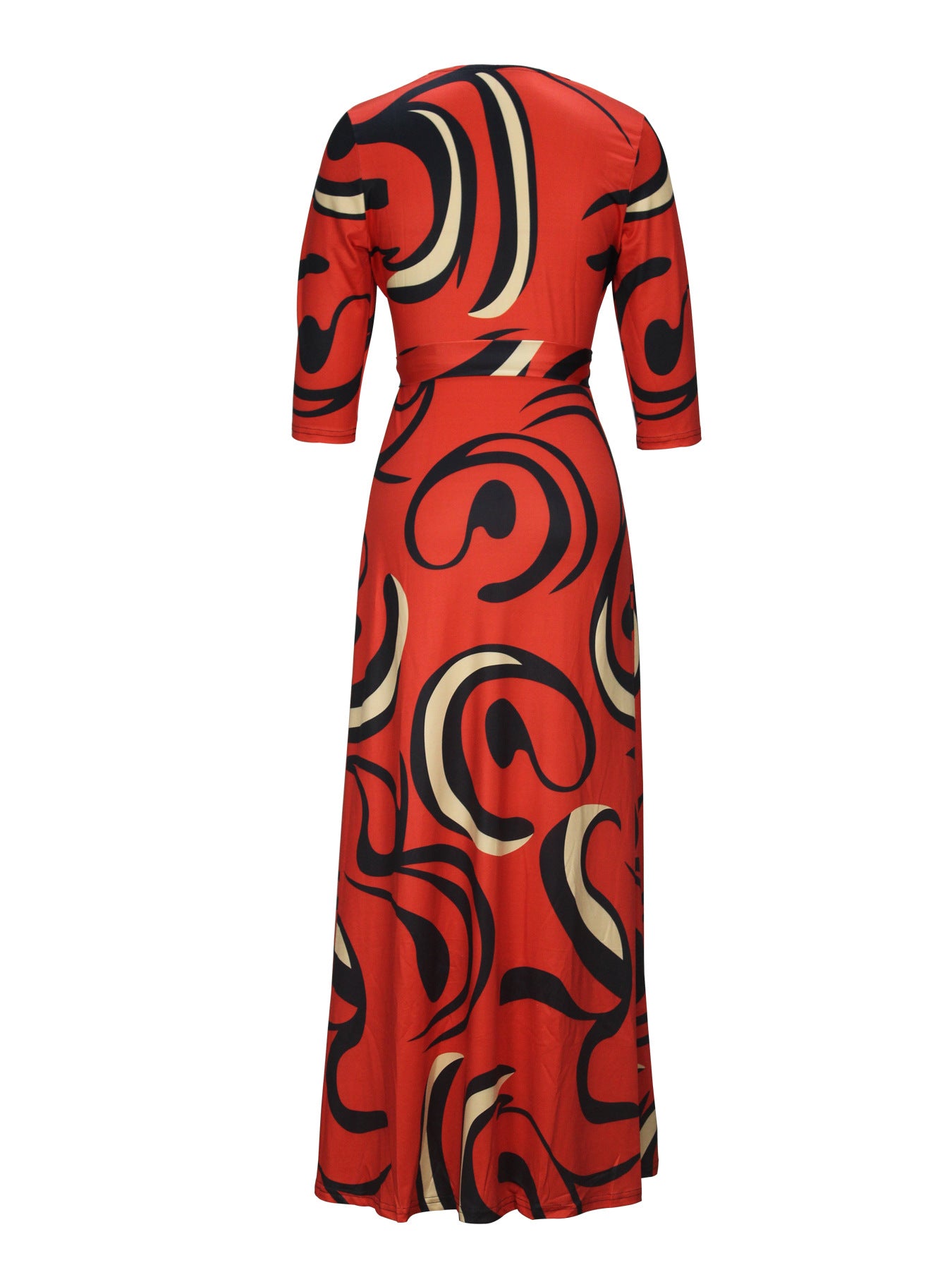 Spring & Autumn Women's Fashion Elegant Wrap V-Neck Half-Sleeve Print Belt Maxi Dress 89