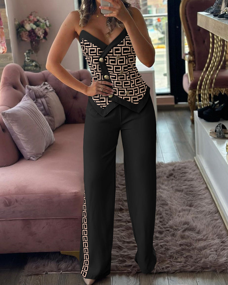 Women's Contrast Color Block Metal Strap Camisole Casual Straight Pants Two Piece Set 4