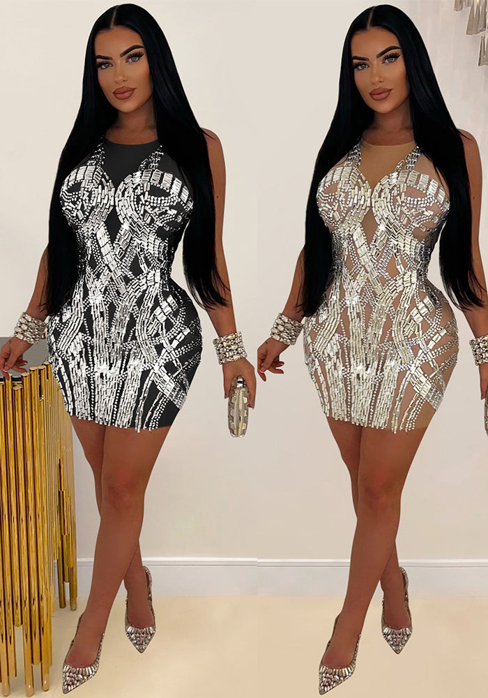 Women Solid mesh Beaded Mini Dress
