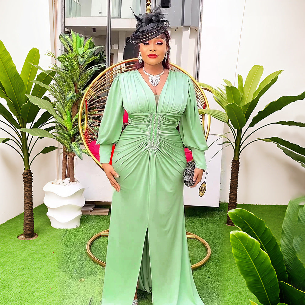 Elegant Solid Color Long Sleeve High Waist Formal Party Plus Size Dress Dubai Winter African Women's Clothing 4