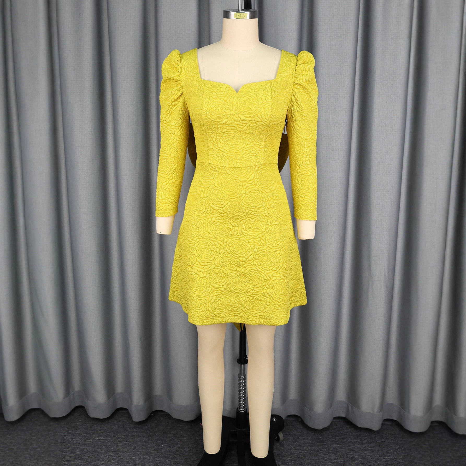Square Neck Jacquard Puff Long Sleeve Short Dress Bow Low Back Design Elegant Party Evening Gown Dresses 3