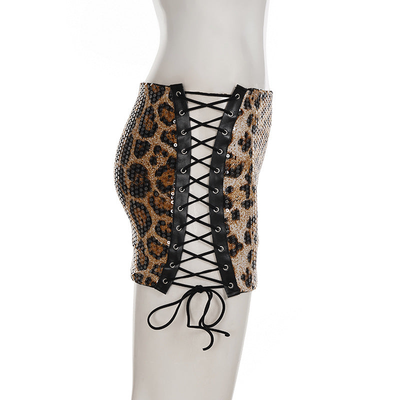 Sexy Side Lace-Up Leopard Print Bodycon Short Skirt with Sequins 6