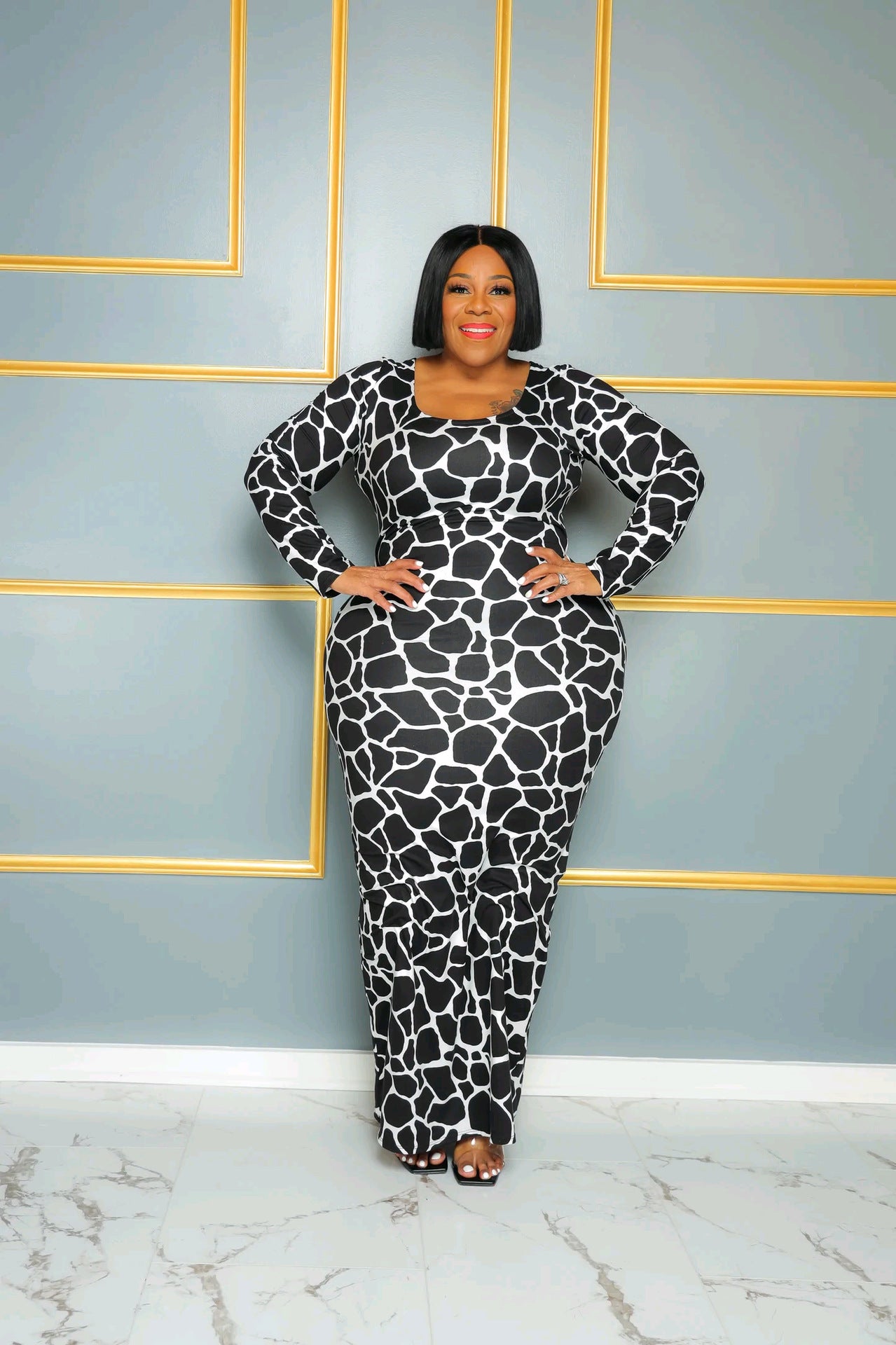 Plus Size Long Sleeve Print Bodycon Plus Size Dress 3