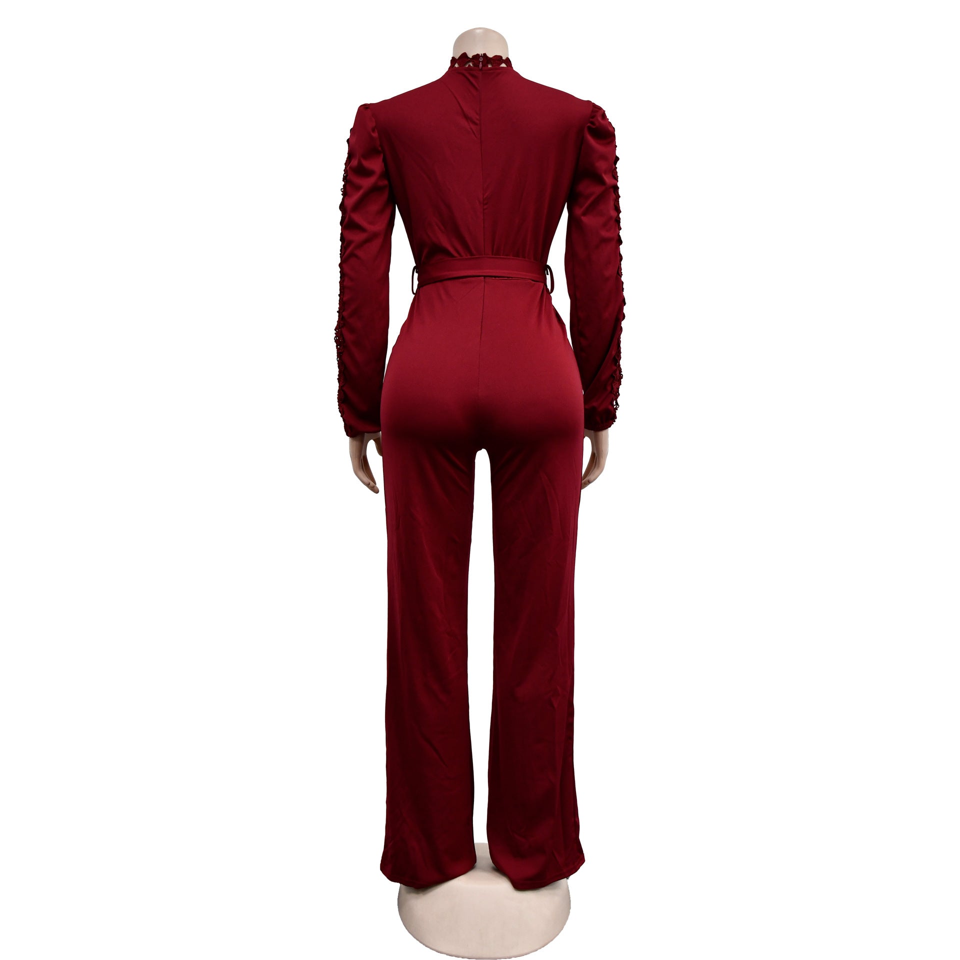 Women Belt Lace Cutout Solid Long Sleeve Jumpsuit 39