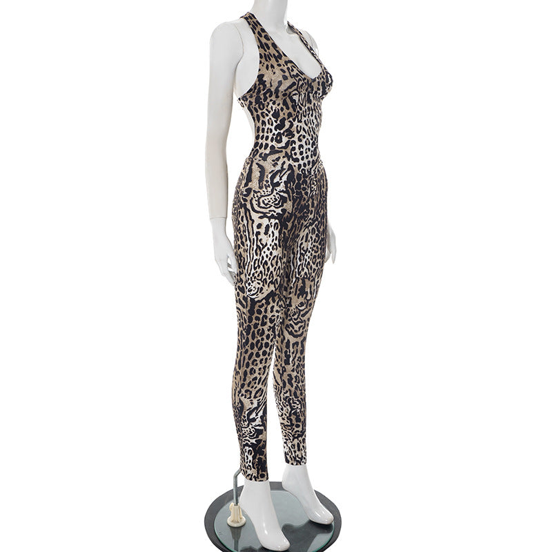 Women's Spring Summer Halter Neck Hollow Low-Back Leopard Print Slim Jumpsuit 7