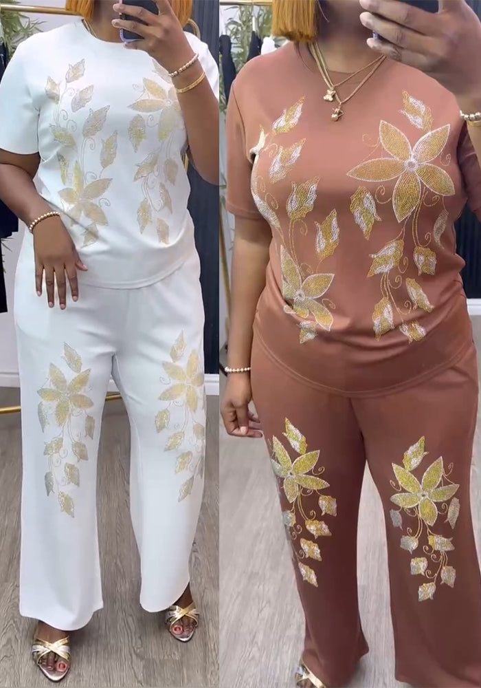 Women Beaded Short Sleeve Top and Pants Two-Piece Set