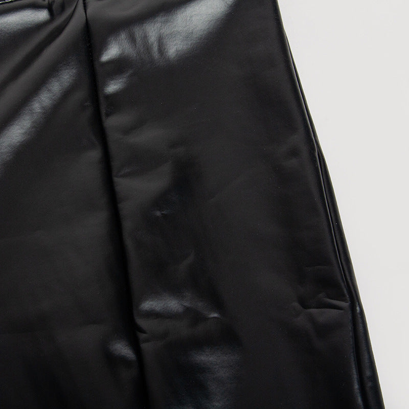 Women Fall Solid Bell Bottom Slit PU-Leather Pant 10
