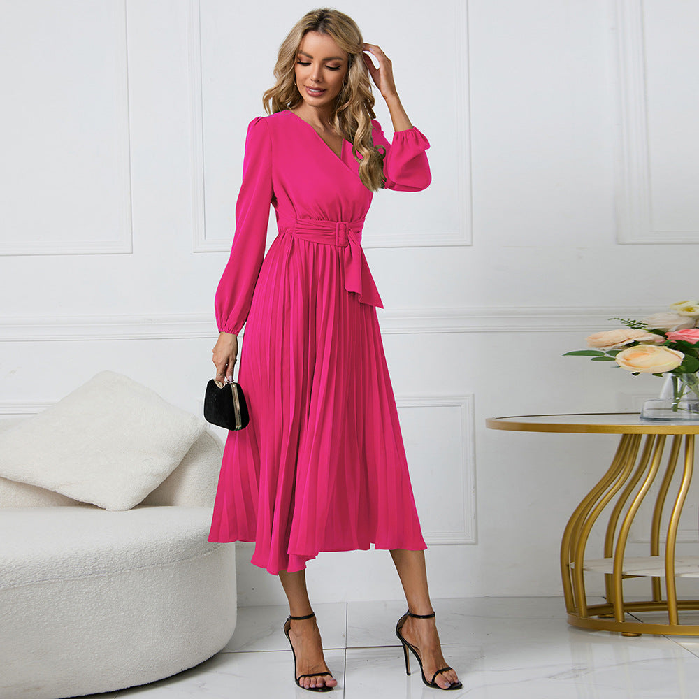Women Long-Sleeved Pleated Belt V-Neck Dress 7