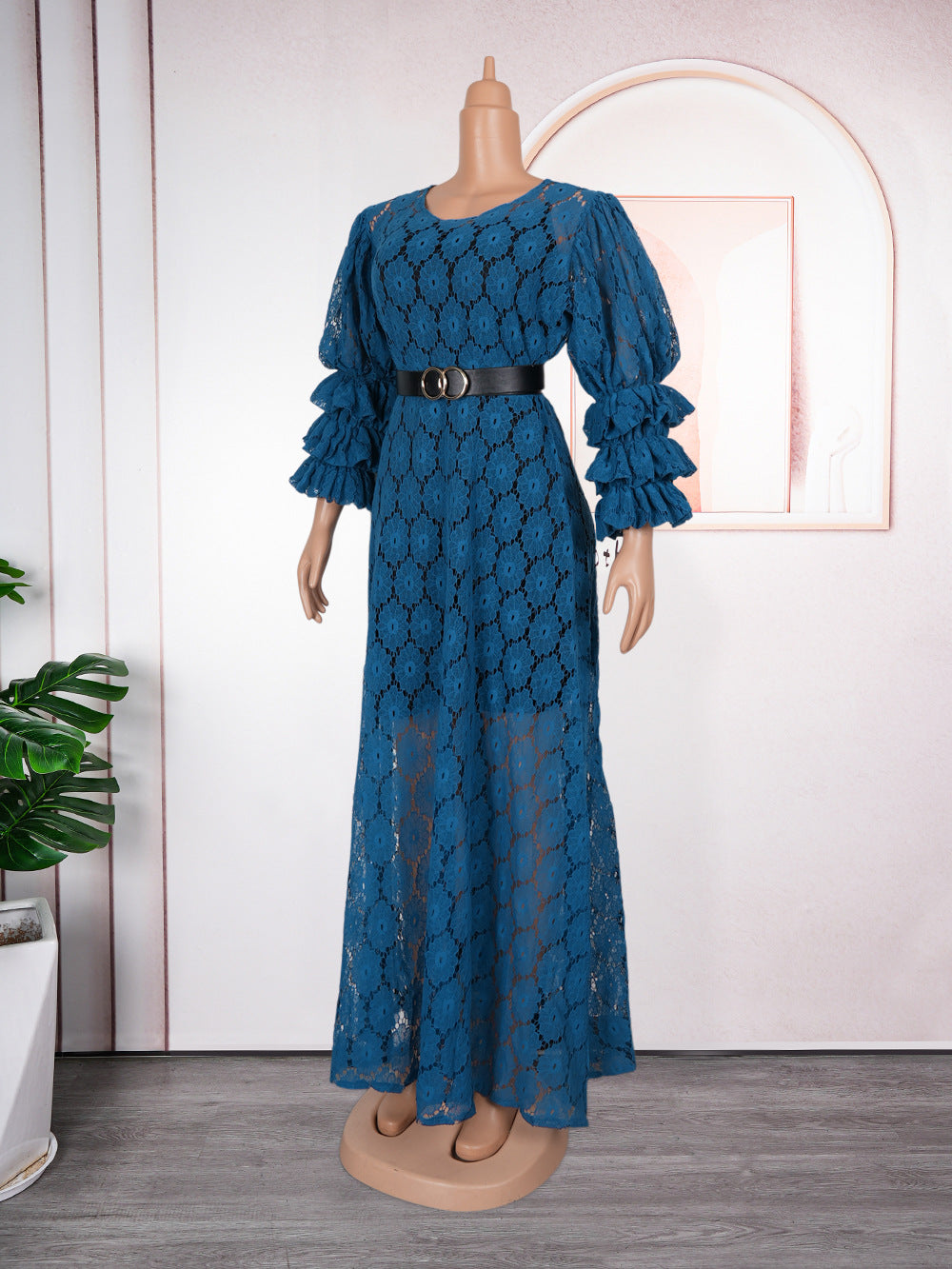 Plus Size Women African Round Neck Lace Dress 13