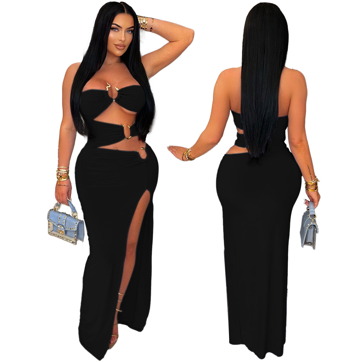 Women Sexy Cutout Metallic Patchwork Slit Bodycon Maxi Dress 9