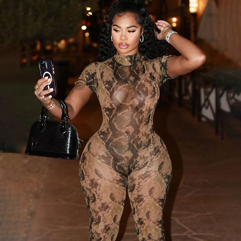 Summer Women sexy backless print see-through mesh jumpsuit 17