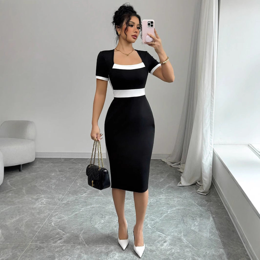 Women's Sexy Square Neck Contrasting Mid-Length Bodycon Dress 5
