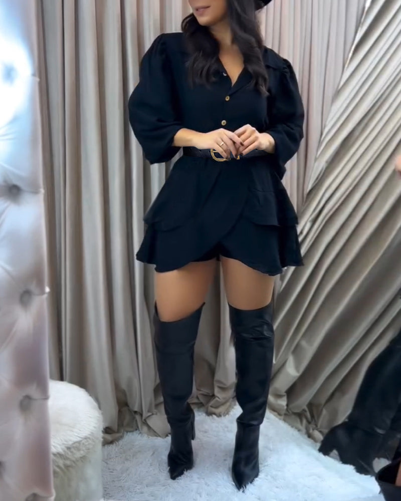 Women's Solid Color Turndown Collar Flounce Patchwork Long Sleeve Elastic Slim Waist Top + Belt + Shorts Set 3