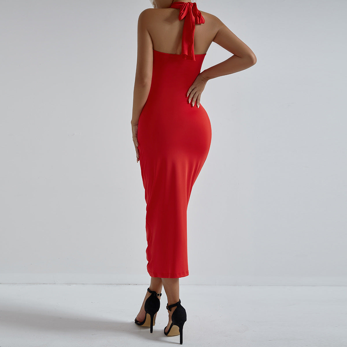 Women Flower Cross Halter Neck Hollow Sexy Plunging Pleated Dress 5