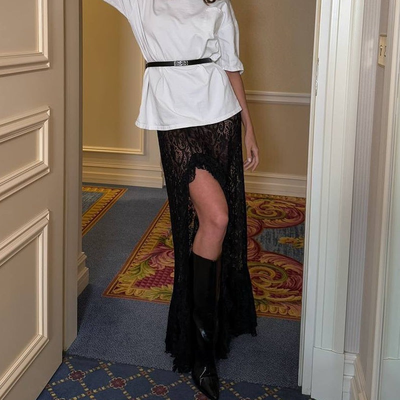 Women summer irregular lace split skirt