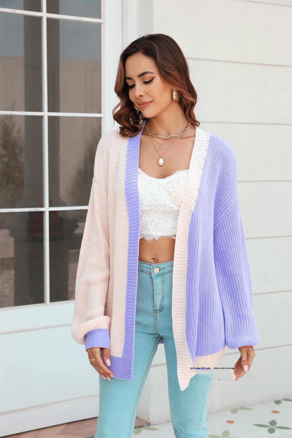 Plus Size Women Loose Patchwork Colorblock Knitting Cardigan Sweater 17