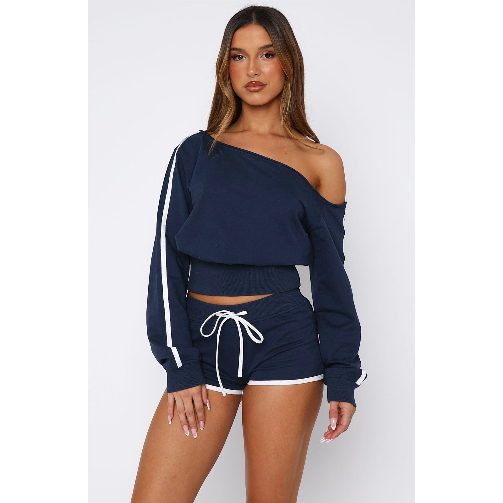 Women's Casual Slash Shoulder Long Sleeve Top Drawstring Shorts Two-Piece Set 35