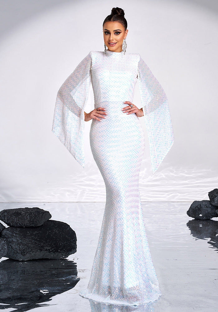 Women Long Sleeve Round Neck Sexy Sequin Formal Party Maxi Evening Dress