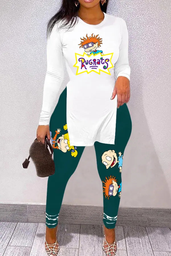 Women Letter Print Split Long Sleeve Top and PantTwo Piece Set 5