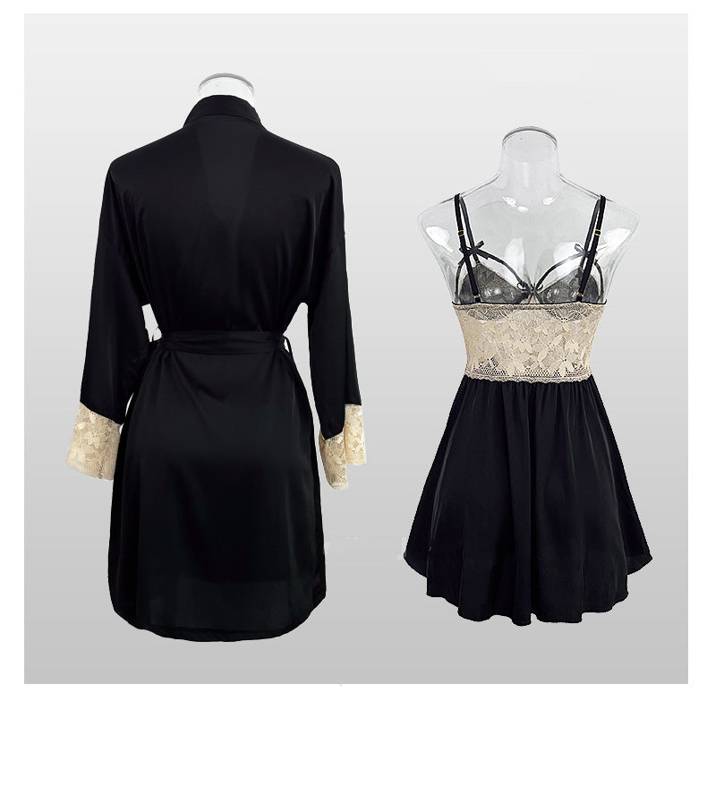 Deep V neck Lace Bow Satin Night Dress Robe Two Piece Sleepwear Set 5