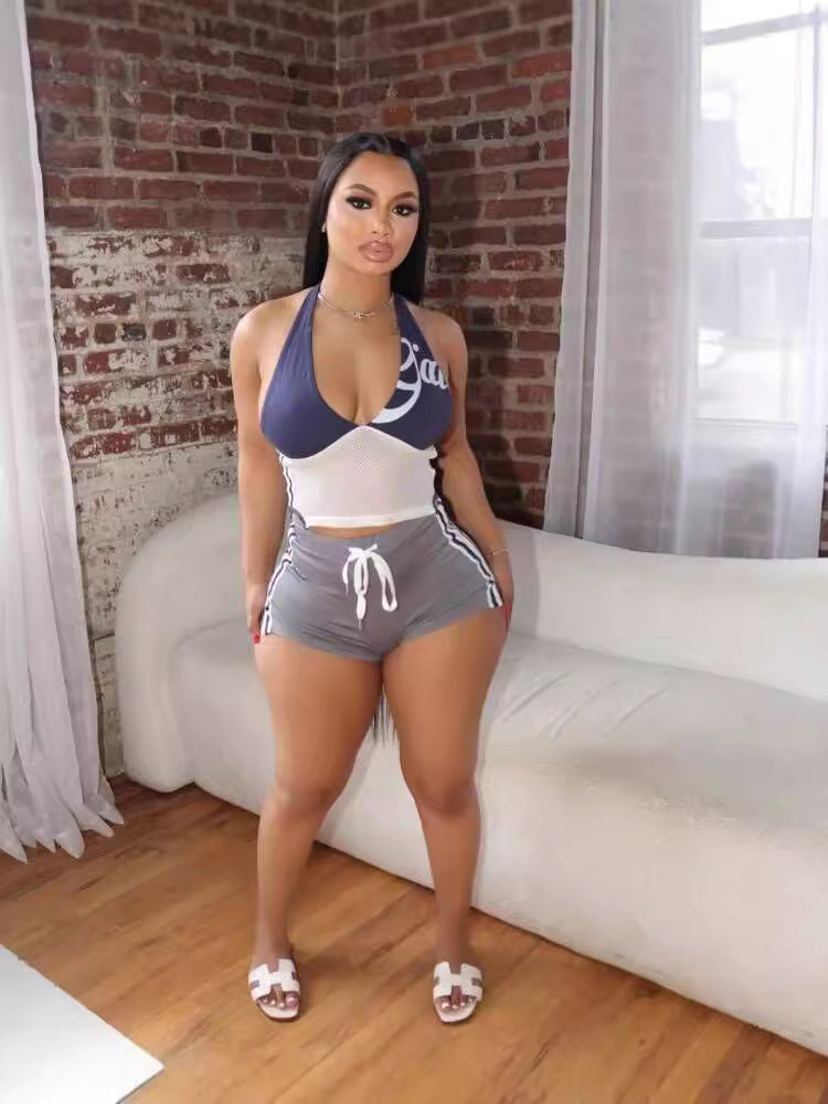 Women Patchwork printed sexy Halter Neck vest lace-up shorts two-piece set 3