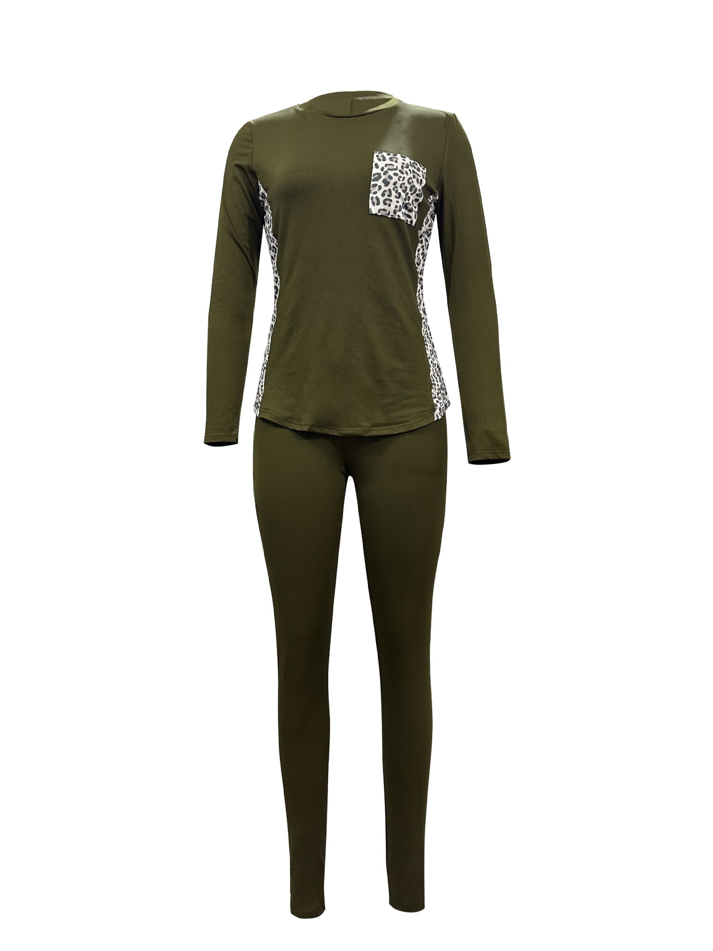 Women Leopard Patchwork Casual Round Neck Top and Pants Two-piece Set 19