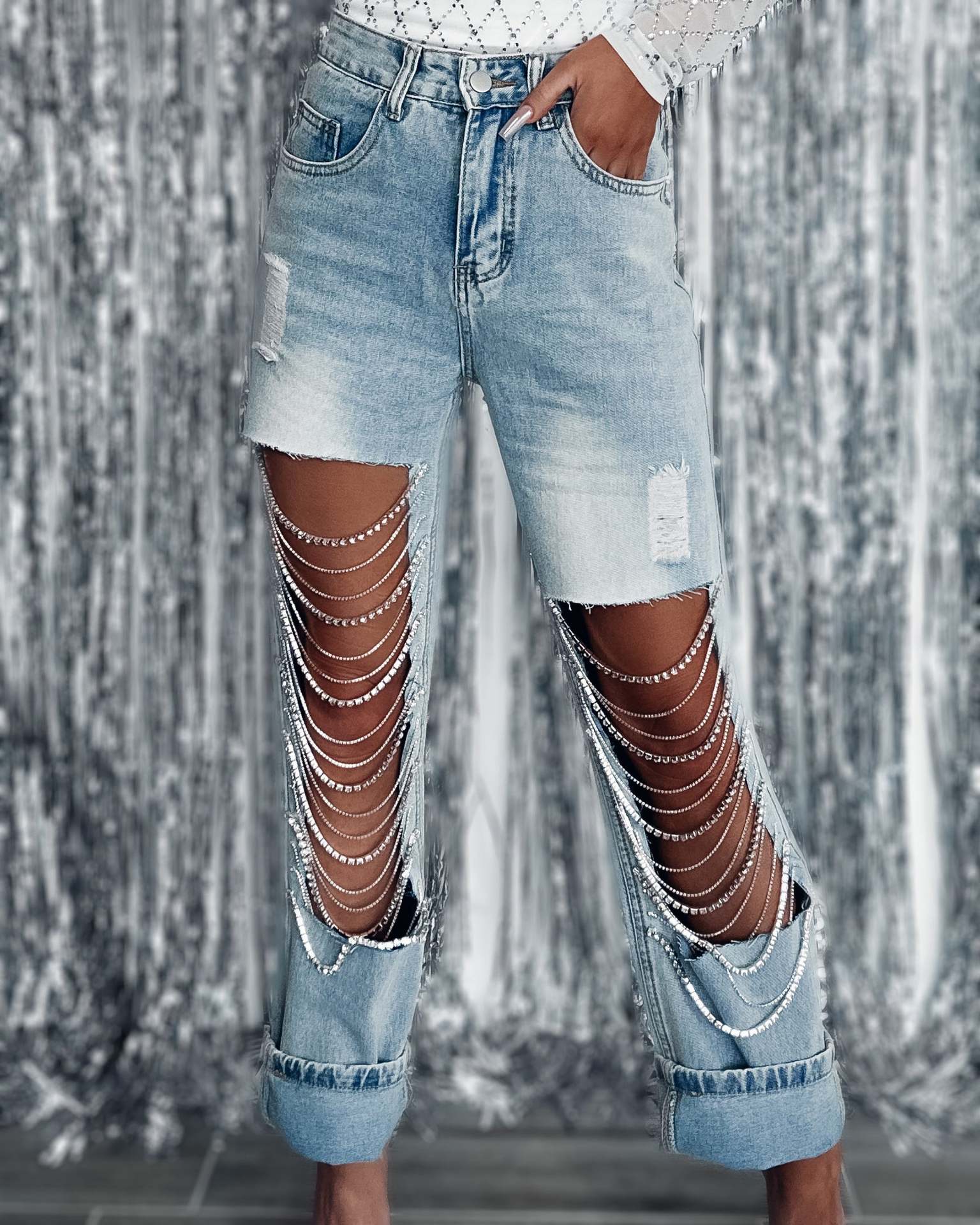 Spring Women's Chain Ripped Denim Pants 4