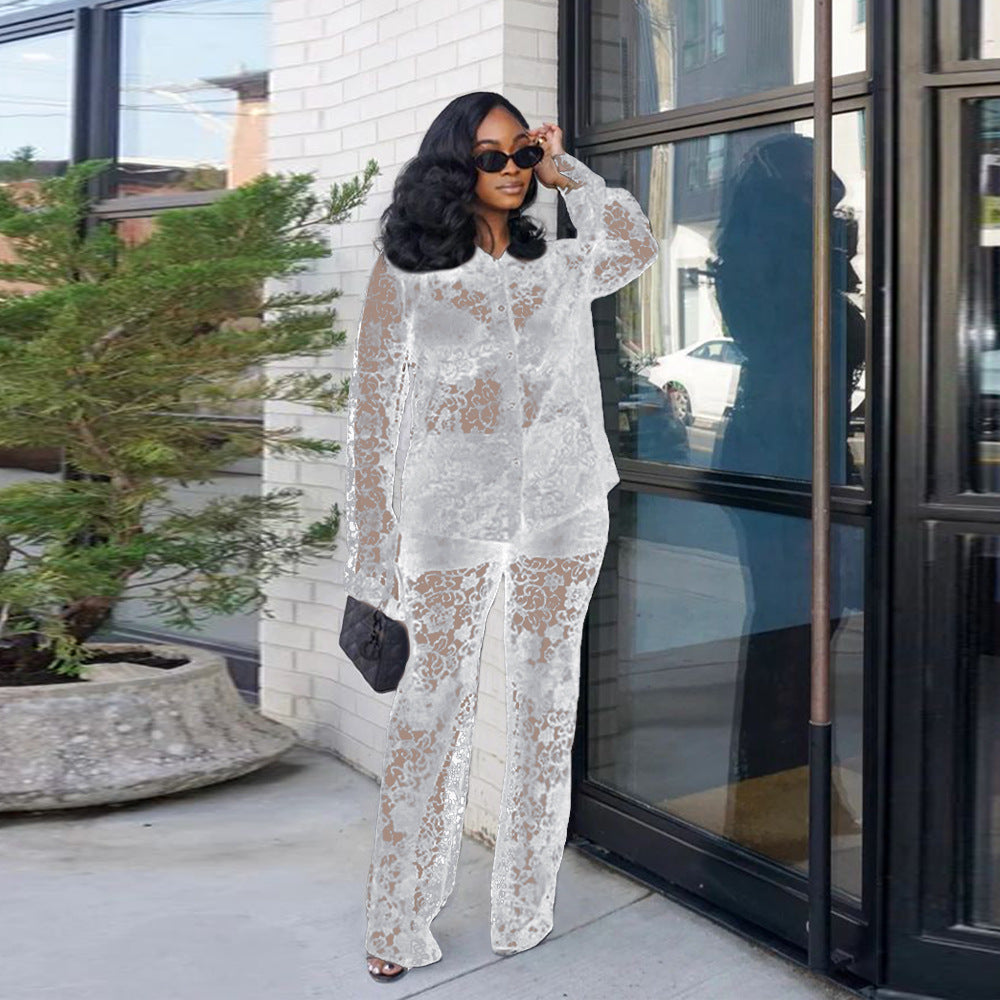 Summer Women Sexy Lace Pattern Turndown Collar See-Through Top and Pant Two-piece Set 3