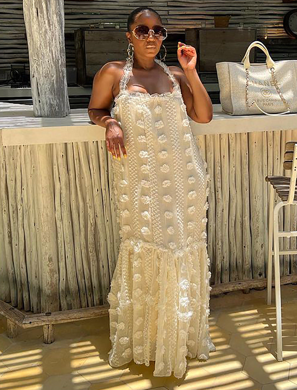 Women Sexy Flowers Halter Neck Cascading Ruffles Dress 3