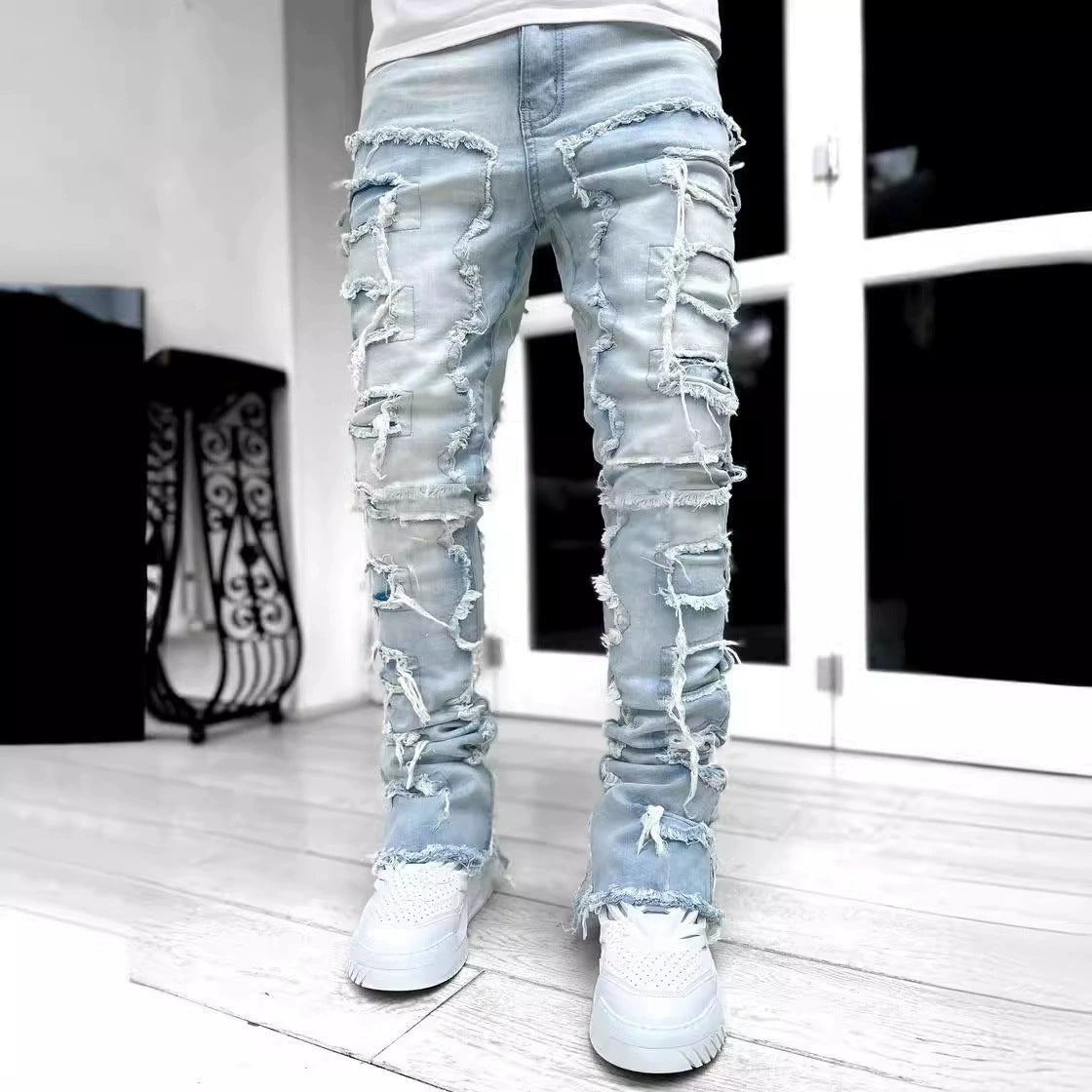 Men's Street Stretch Patch Denim Straight Pants 5