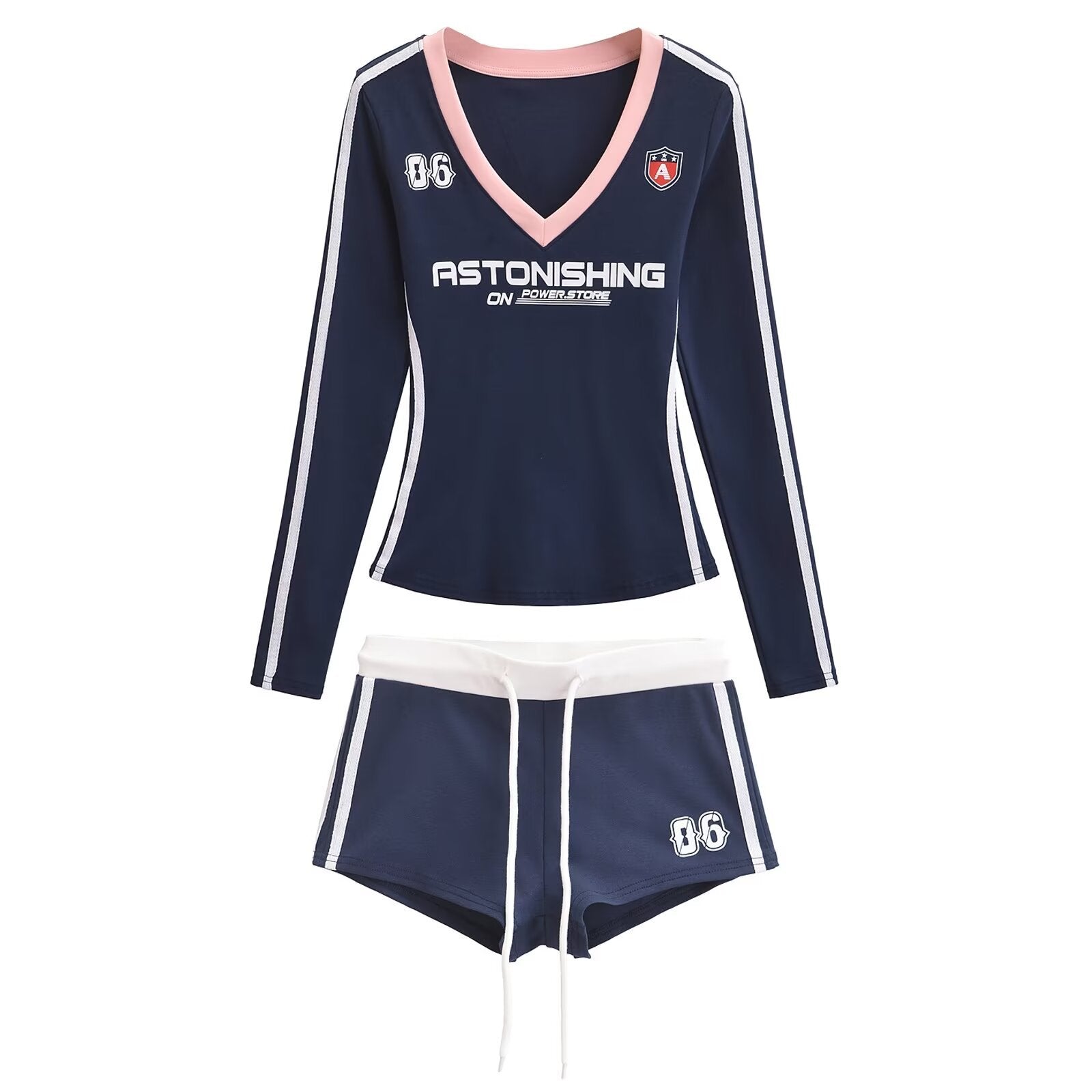 Women American Retro V-neck Contrast Print Long-sleeved T-shirt Sports Shorts Two Piece Set 6