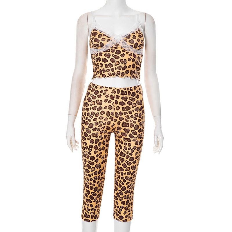 Women Spring and Summer Leopard lace Suspender Wave Edge Top and Knee-Length Shorts Two Piece Set 7