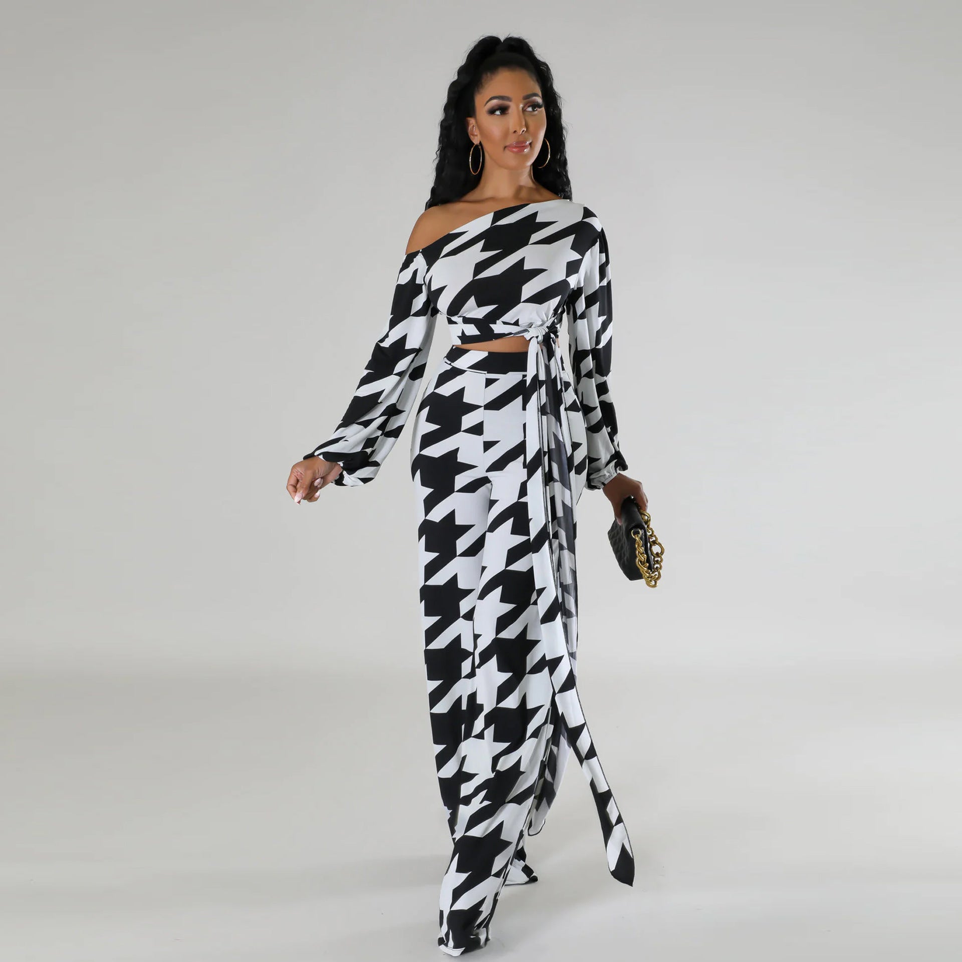 Women Printed Plaid Lace-Up Slash Shoulder Top and Pant Two-piece Set