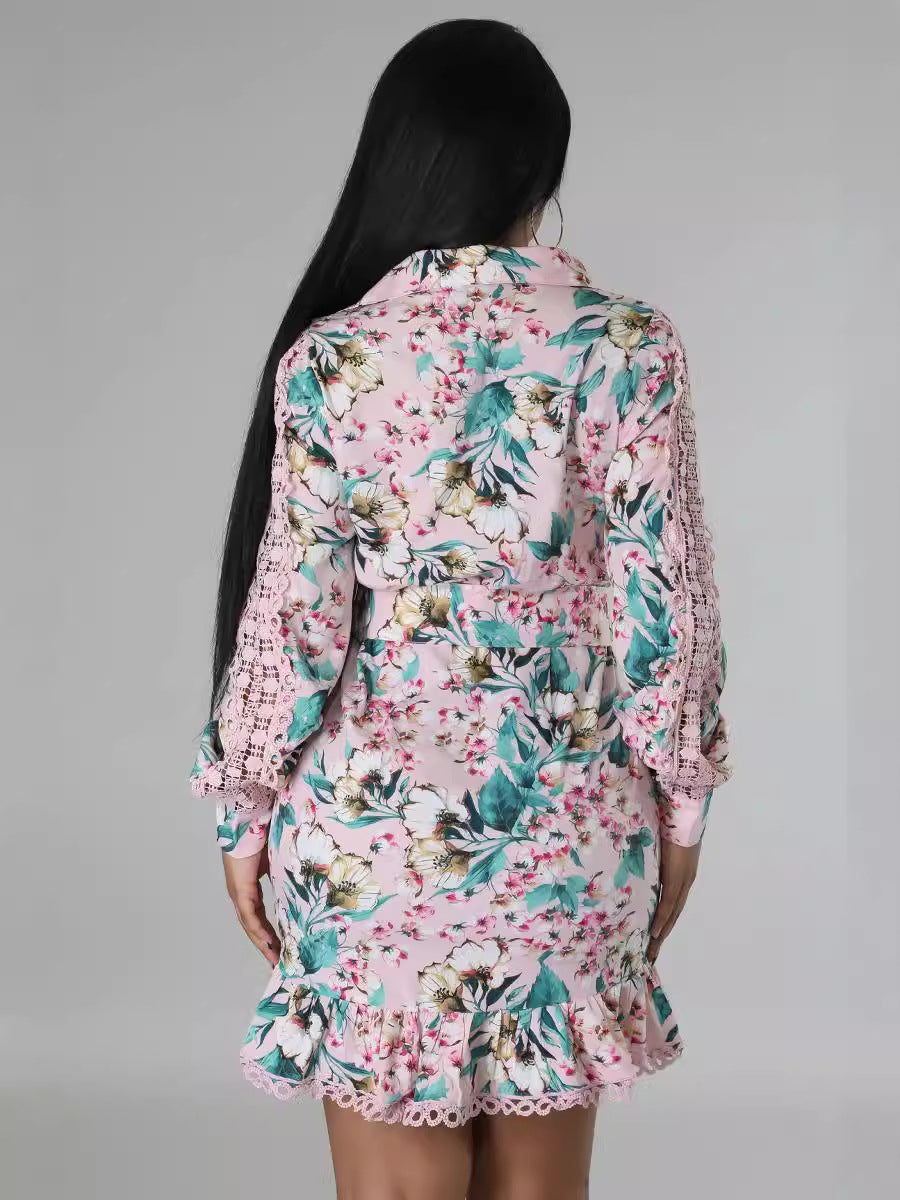 Women's Long-Sleeved Lace Patchwork Slim Printed Turndown Collar Floral Shirt Dress 4