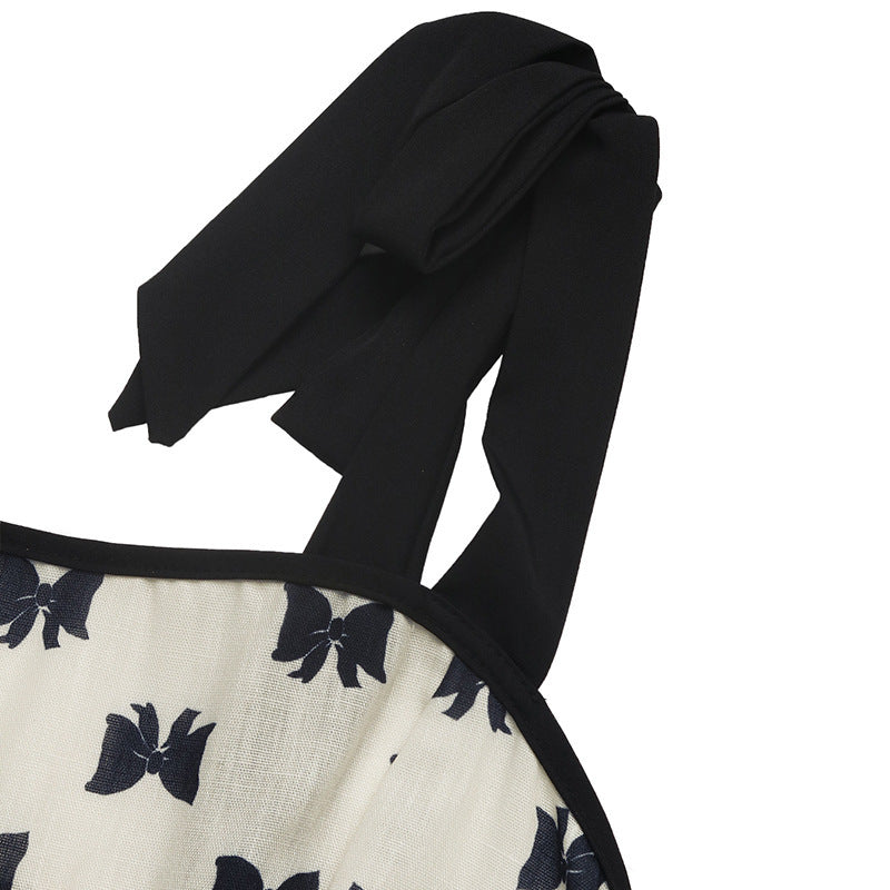 Women Bow Print Patchwork Summer Holidays Lace-Up Strap Dress 7