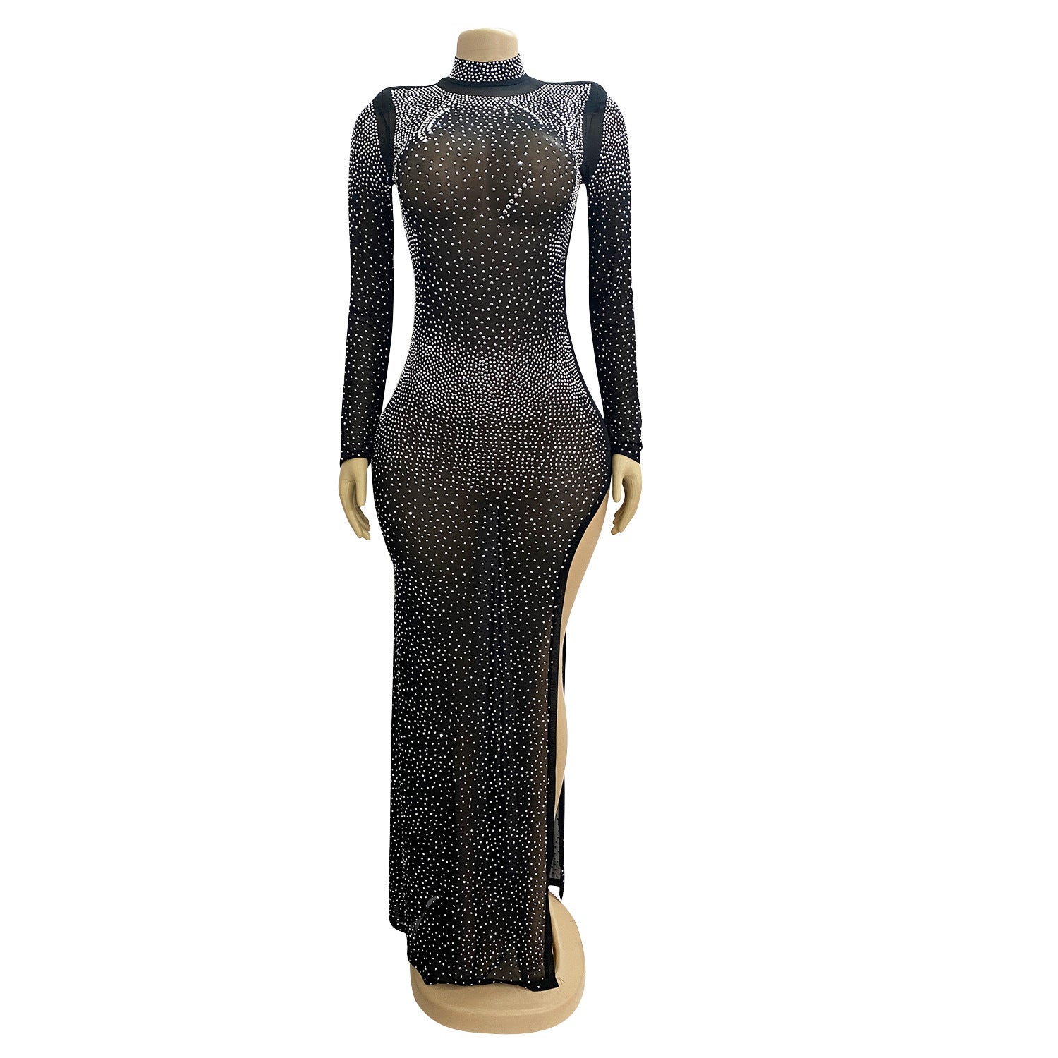 Women sexy mesh irregular slit long sleeve dress 10