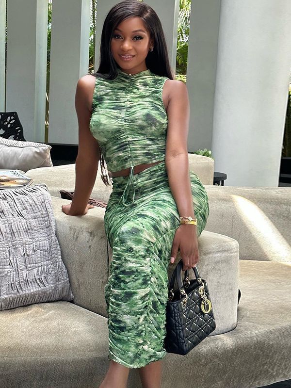 Printed Sleeveless Drawstring Top and Skirt Two-piece Set