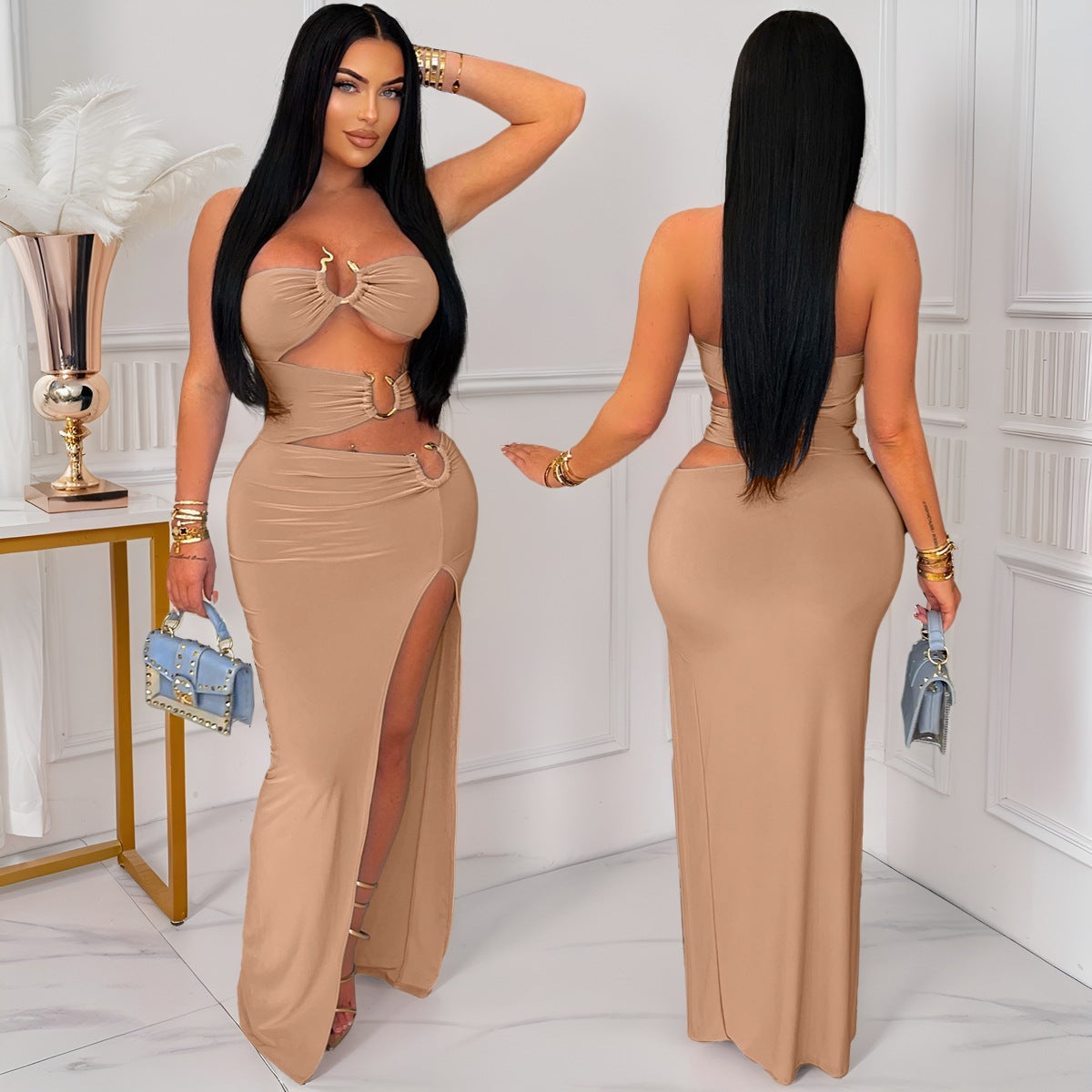 Women Sexy Cutout Metallic Patchwork Slit Bodycon Maxi Dress 5