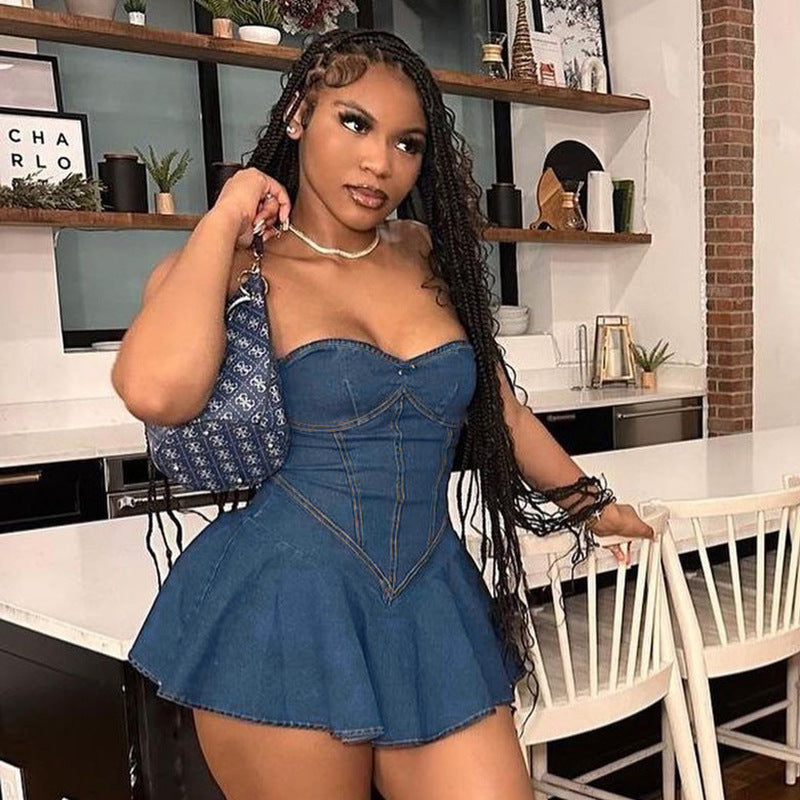 Women Sexy off shoulder mini Denim dress 5