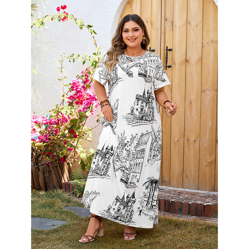 Plus Size Women Loose Printed Short Sleeve Dress 4
