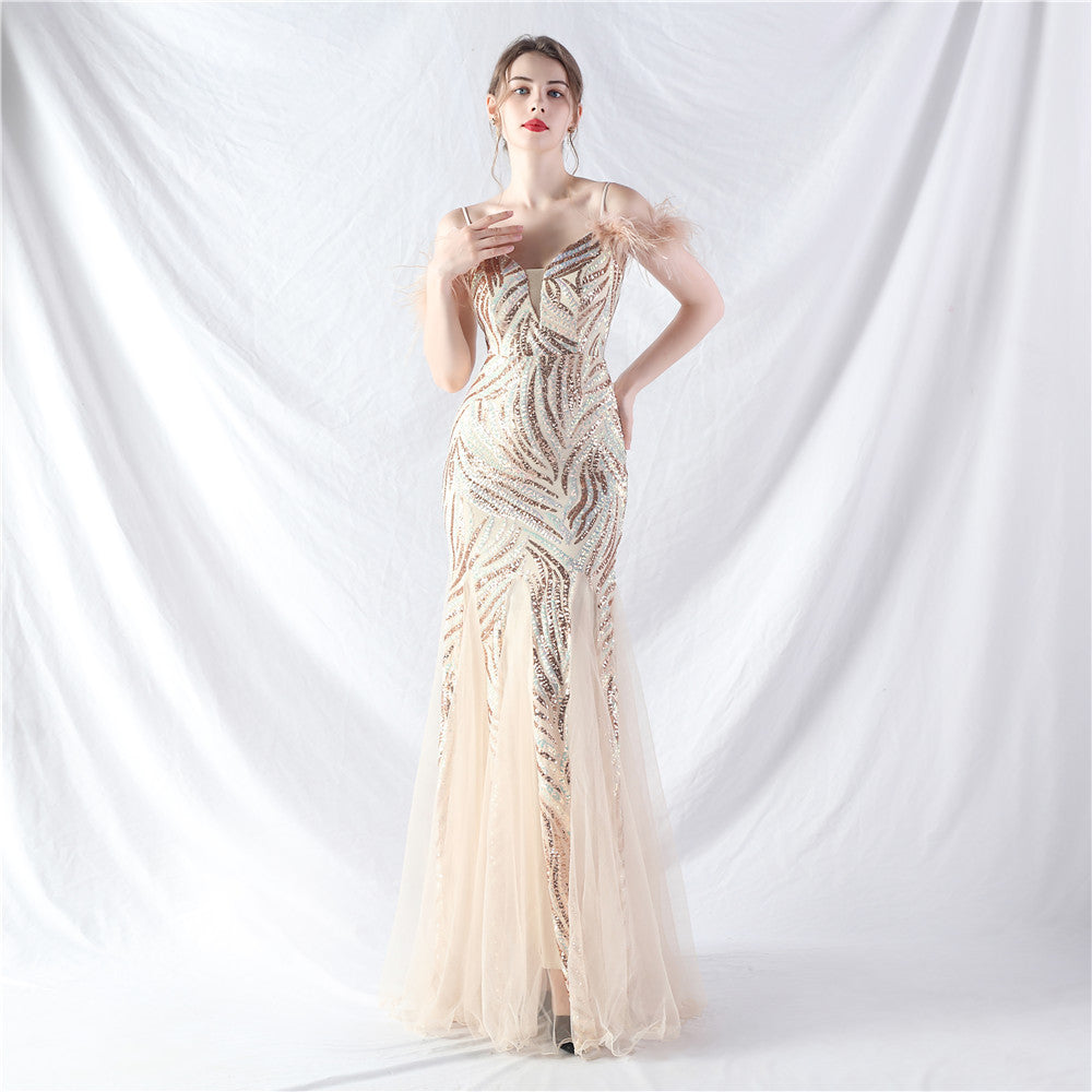 feather sequin Patchwork Mesh luxury evening dress 13