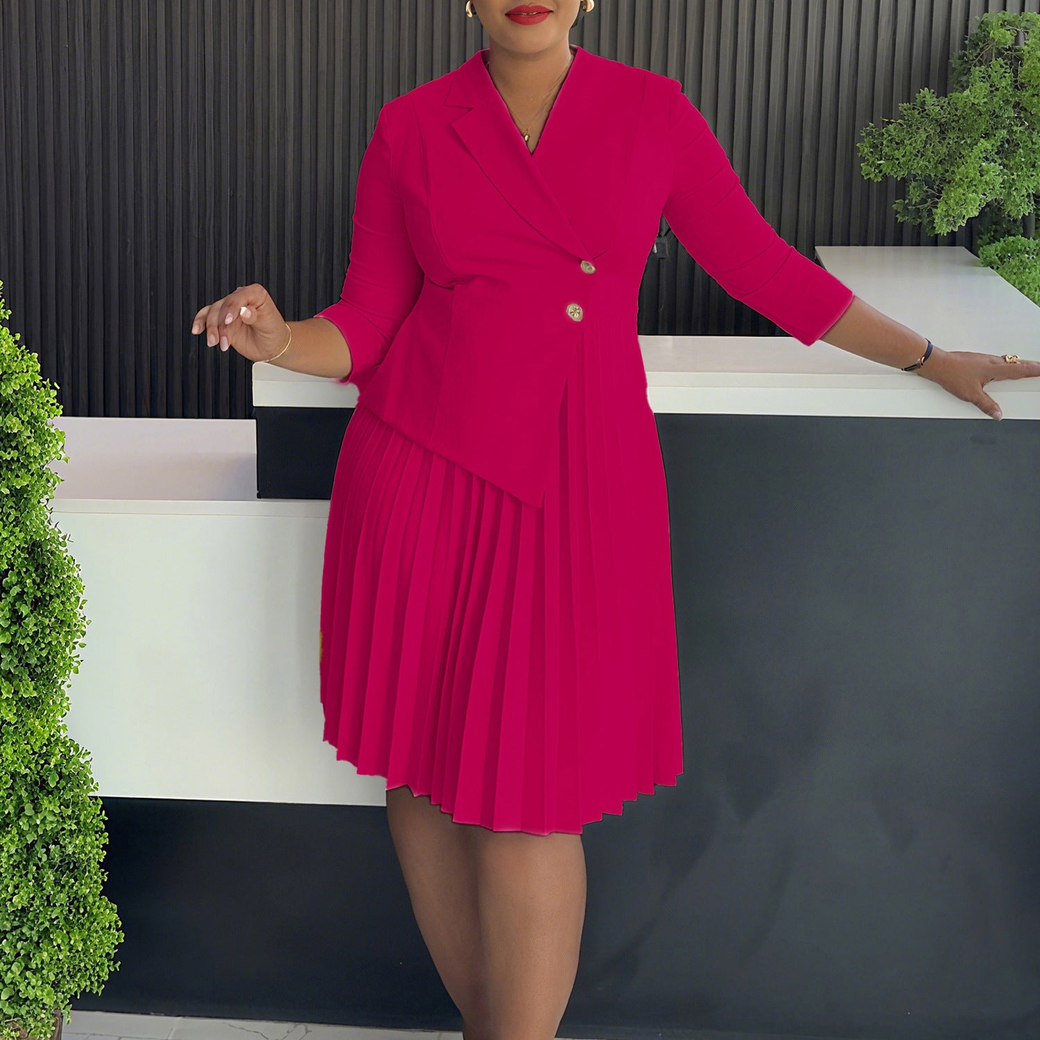 Plus Size Women Winter Turndown Collar Pleated Shirt Dress 8