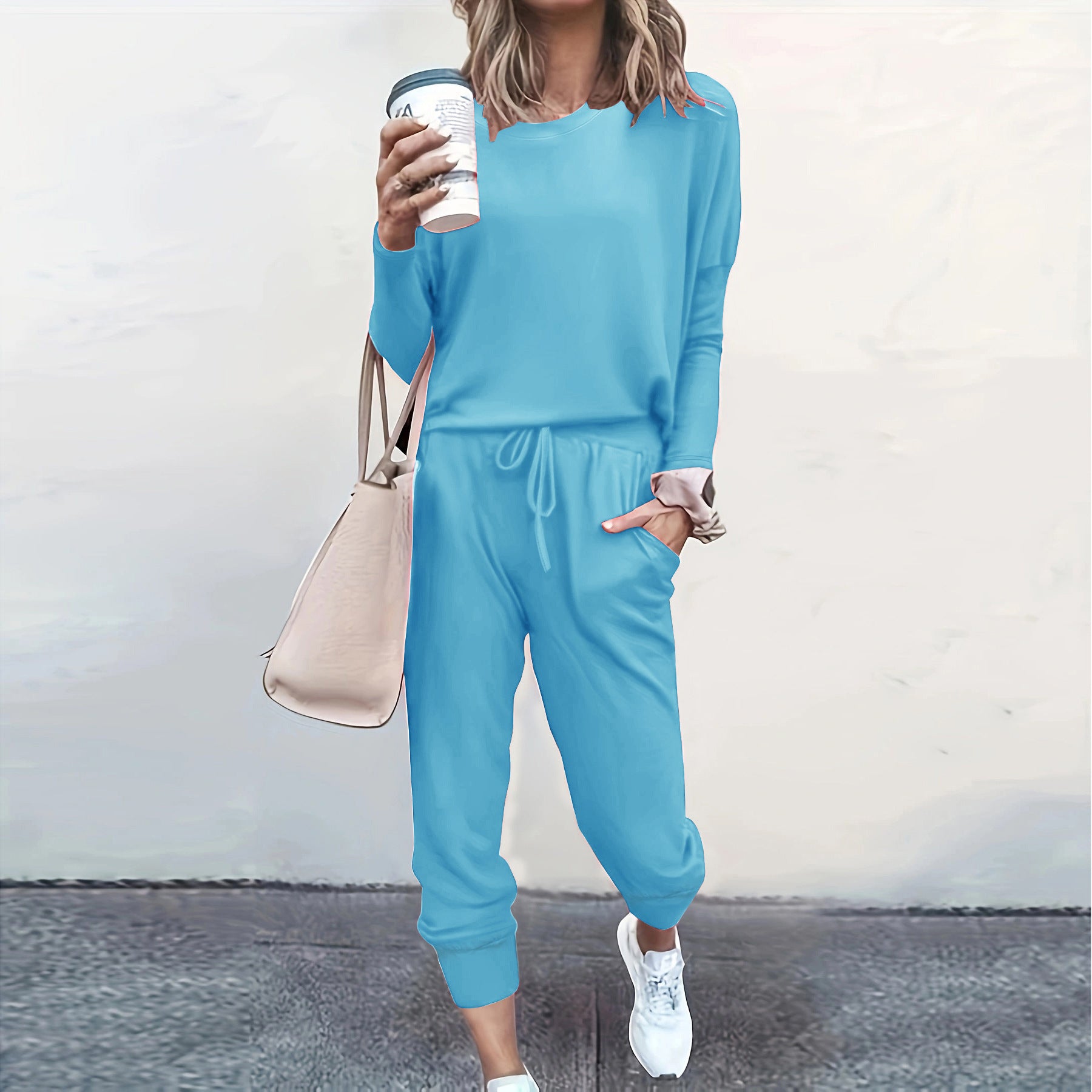 Autumn and Winter Women's Clothing Round Neck Loose Solid Color Long Casual Two-piece Pants Set 16