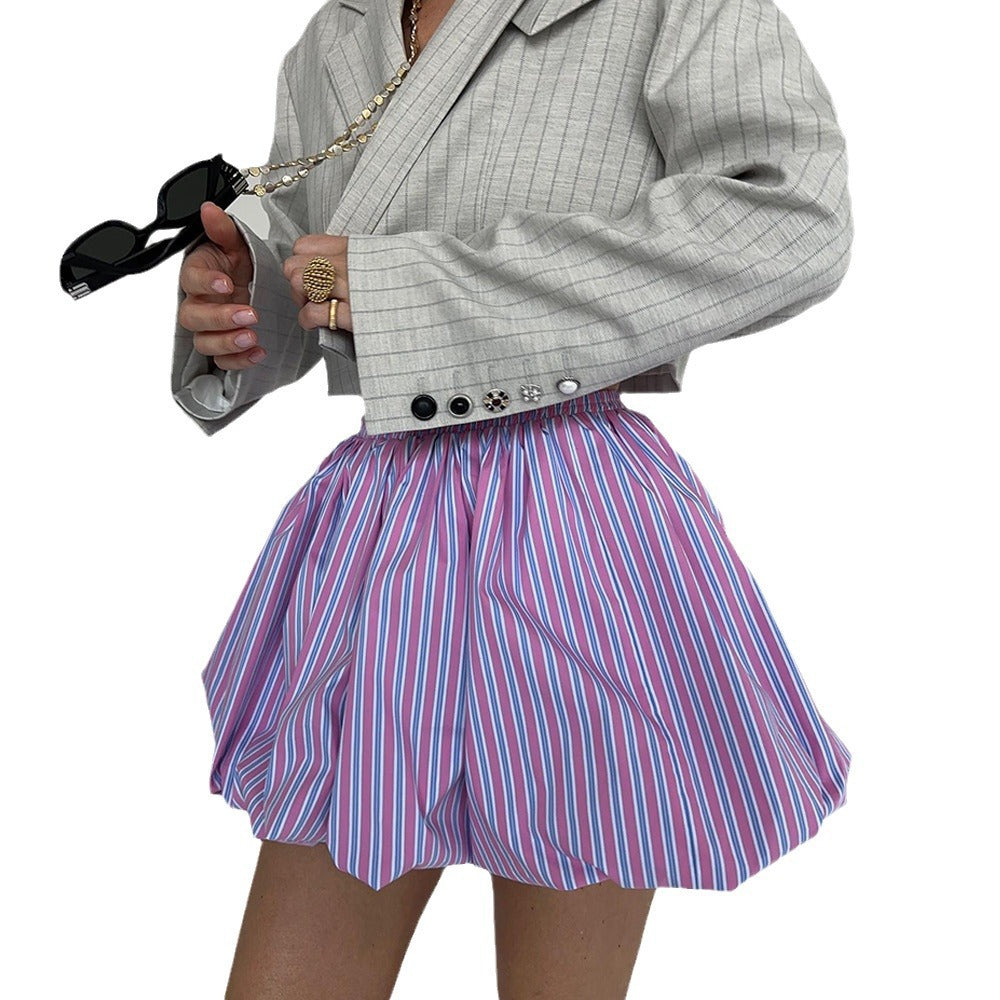 Women French air stripe pleated fluffy mini skirt 8