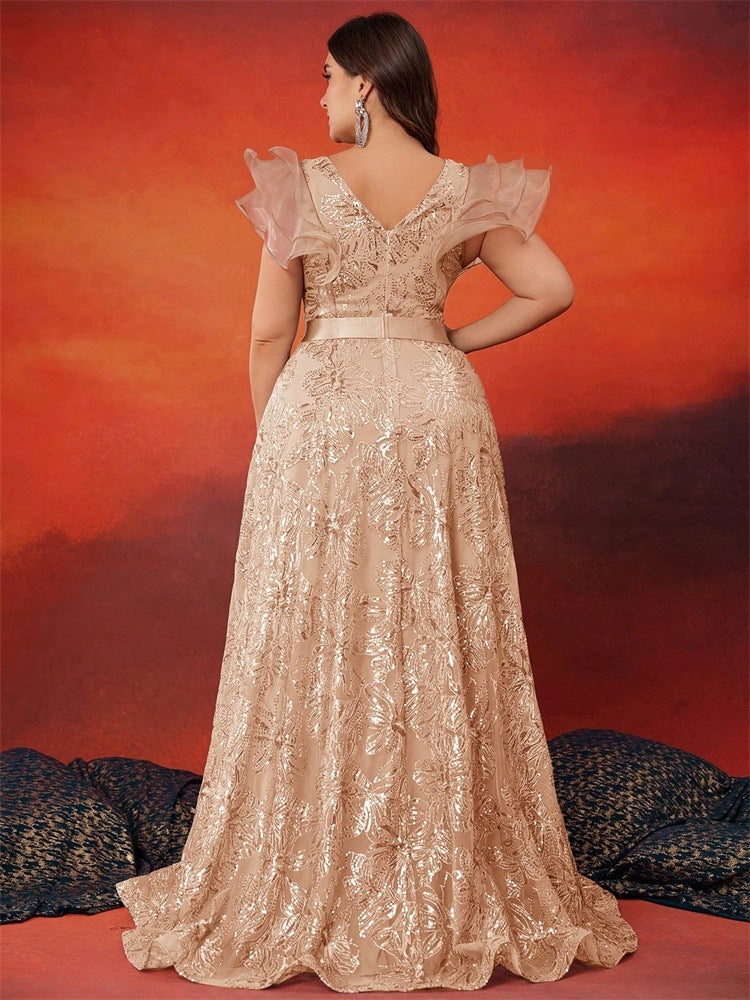 Plus Size Women Elegant Sequin Patchwork V Neck Ruffle Party Cocktail Dinner Evening Dress 3